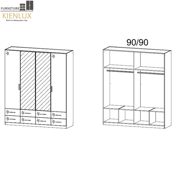 Tủ Quần Áo Gỗ Gia Đình 4 Cánh Có Gương-TAKL017