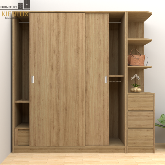 Tủ Quần Áo Cửa Lùa Gỗ MDF Lõi Xanh Chống Ẩm Tích Hợp Kệ Trang Trí  TAKL-022